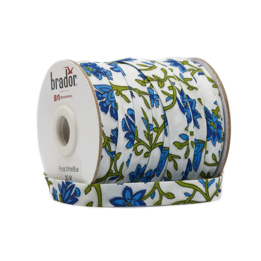 Floral Bias Tape - White/Blue roll