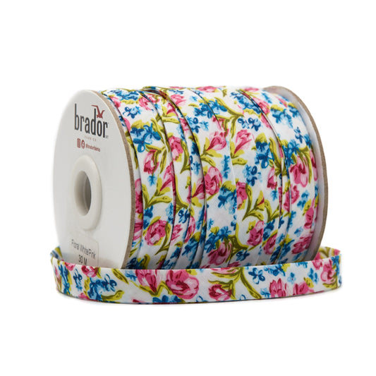 Floral Bias Tape - White/Pink roll